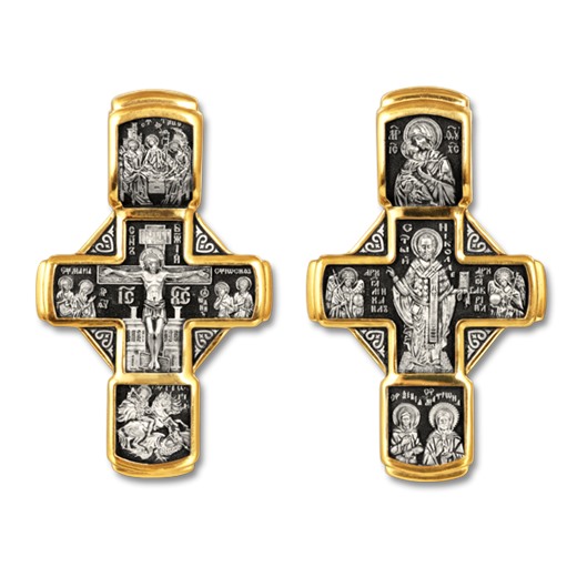 Крест "Распятие Христово. Николай Чудотворец", серебро 925° с позолотой