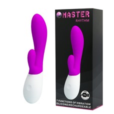 Лиловый перезаряжаемый вибратор с клиторальным отростком Master Rhythm - 20 см.
