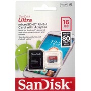 Карта памяти MicroSDHC 16 Gb SanDisk Ultra 80Mb/s  SDSQUNS-016G-GN3MA