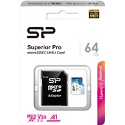 Карта памяти MicroSDXC 64 Gb Silicon Power class 10 100Mb/s Superior Pro A1 /R/W100/80Mb/s/SP064GBSTXDU3V20AB