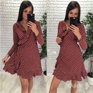 Платье с длинным рукавом в горох бордо LE
